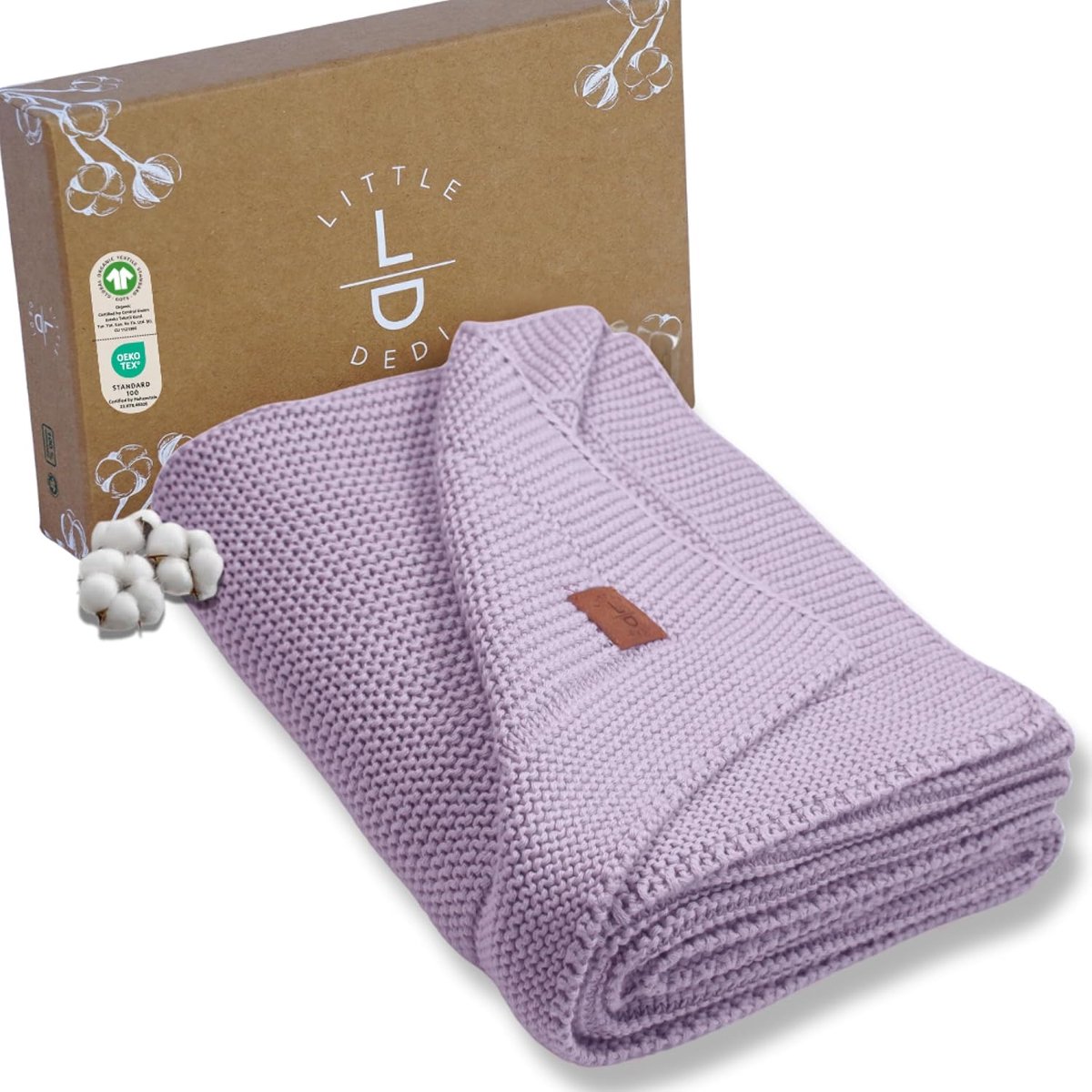 SnelShoppen - Knitted baby blanket 100% organic cotton GOTS certified, 80x100 cm, lavender, temperature regulating, breathable in elegant gift box voo