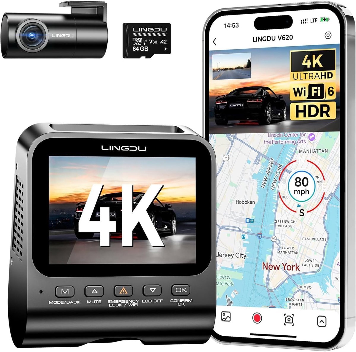 SnelShoppen - V620 Dashcam Voor en Achter 4K+1080P, WiFi GPS, 64GB SD-Kaart, Auto Camera met Parking Monitor, Nachtzicht, WDR, ADAS, 170° Brede Hoek,