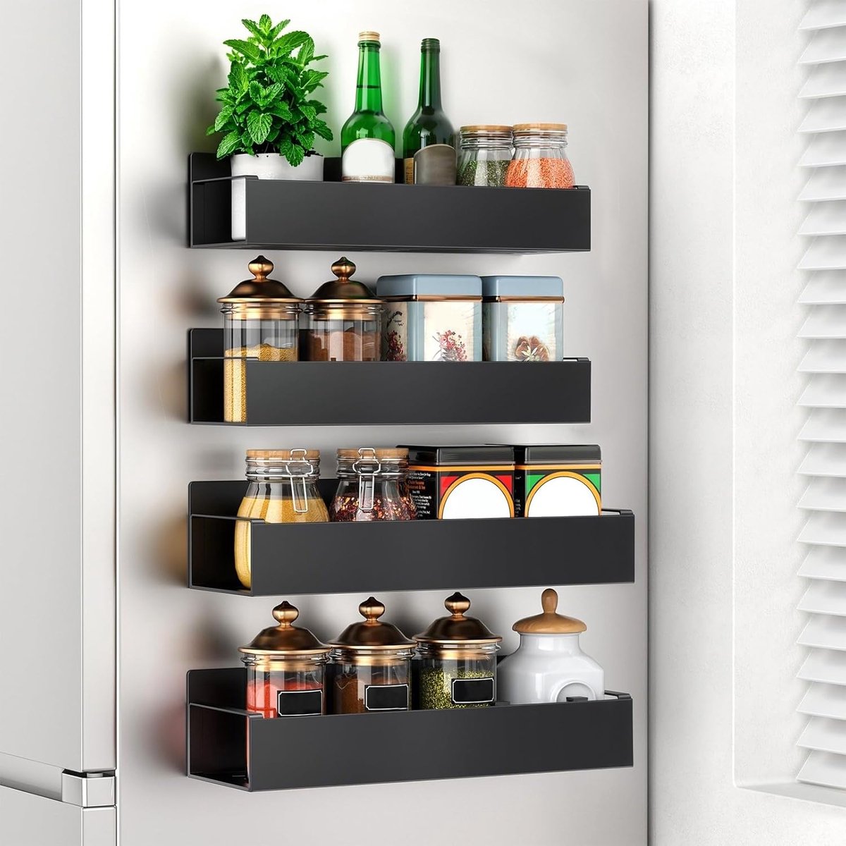 Thijox - 4 Stuks Magnetisch Kruidenrek voor Koelkast - Zwart Metaal Keukenorganisatie - Kruidenhouder om op te Hangen - Perfect voor Keuken, Kruidense