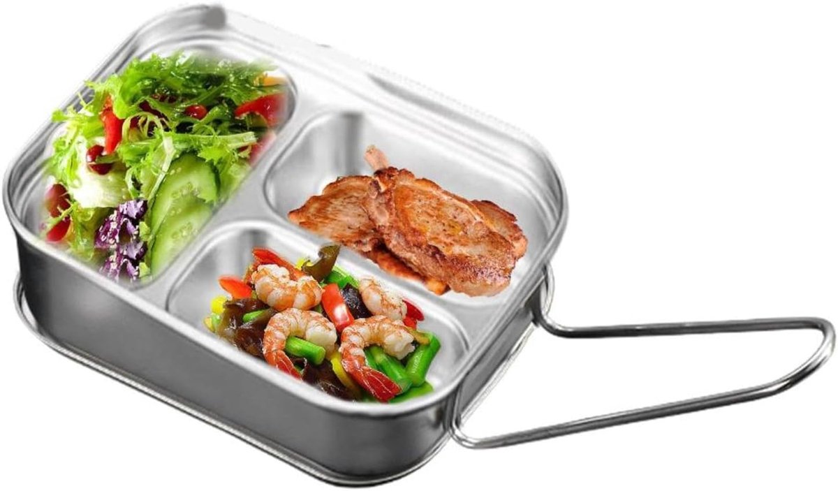 Thijox - Roestvrijstalen Lunchbox Dubbellaags - 3 Vakken, Lekvrij Deksel, Ideaal voor Kinderen, Werkkamperen en Dagelijks Gebruik