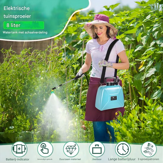 Elektrische drukspuit - Draagbare plantensproeier met spuitpistool en USB-oplaadbare accu - Blauw, 8 L tuinirrigatie en verneveling — afbeelding 4