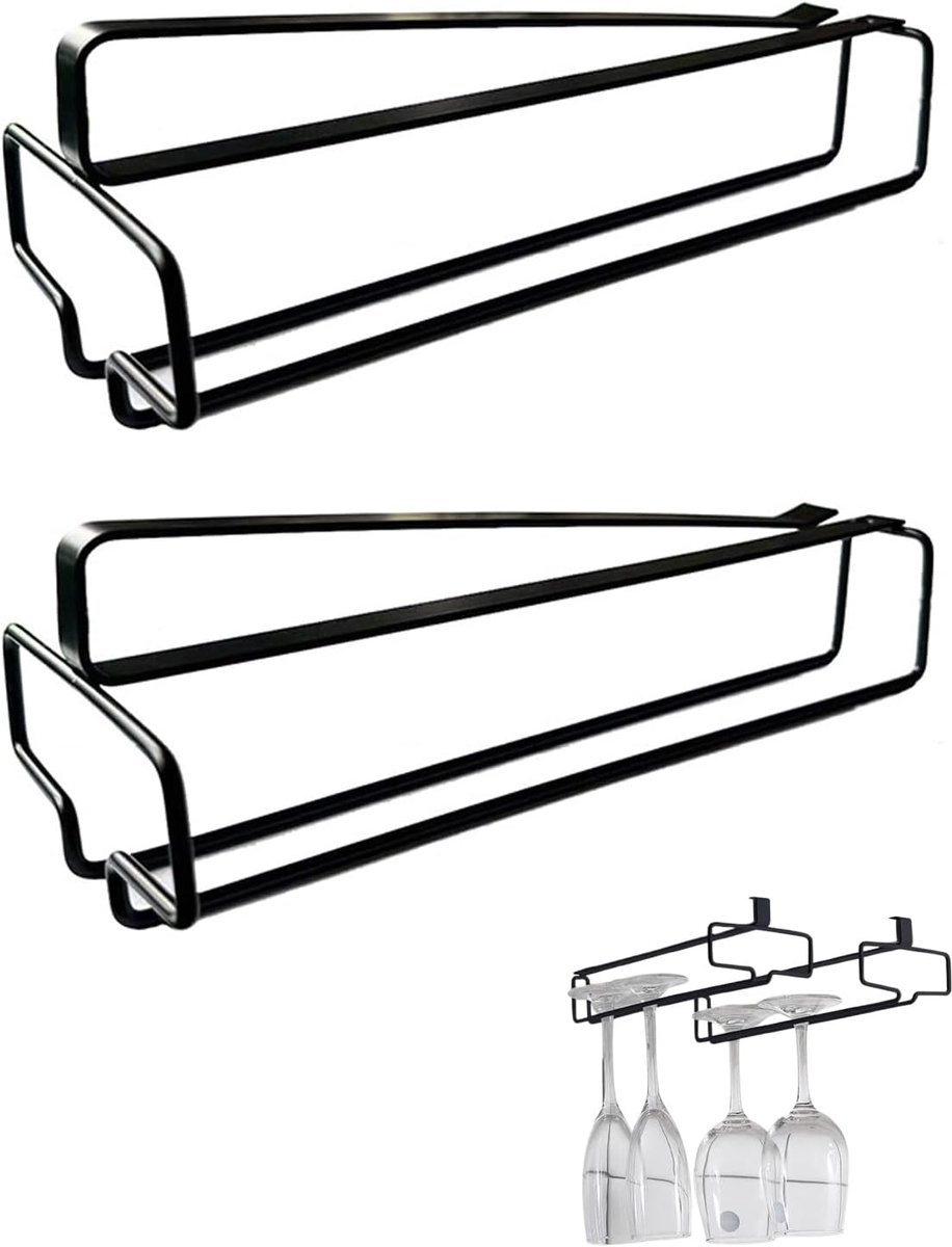 SnelShoppen - 2 stuks wijnglashouders onder de kast, zwart, zonder boren, hangend glazen rek voor wijnglazen, champagneglazen, cocktailglazen, keuken,