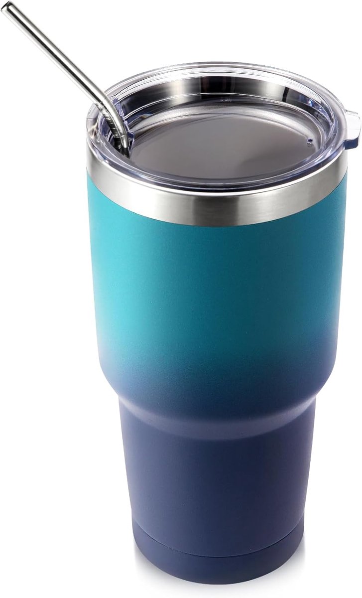 SnelShoppen - Thermosbeker met deksel en rietje, dubbelwandige reiskoffiemok voor warme en koude dranken, BPA-vrij, 900 ml, nachtzwart, perfect voor o