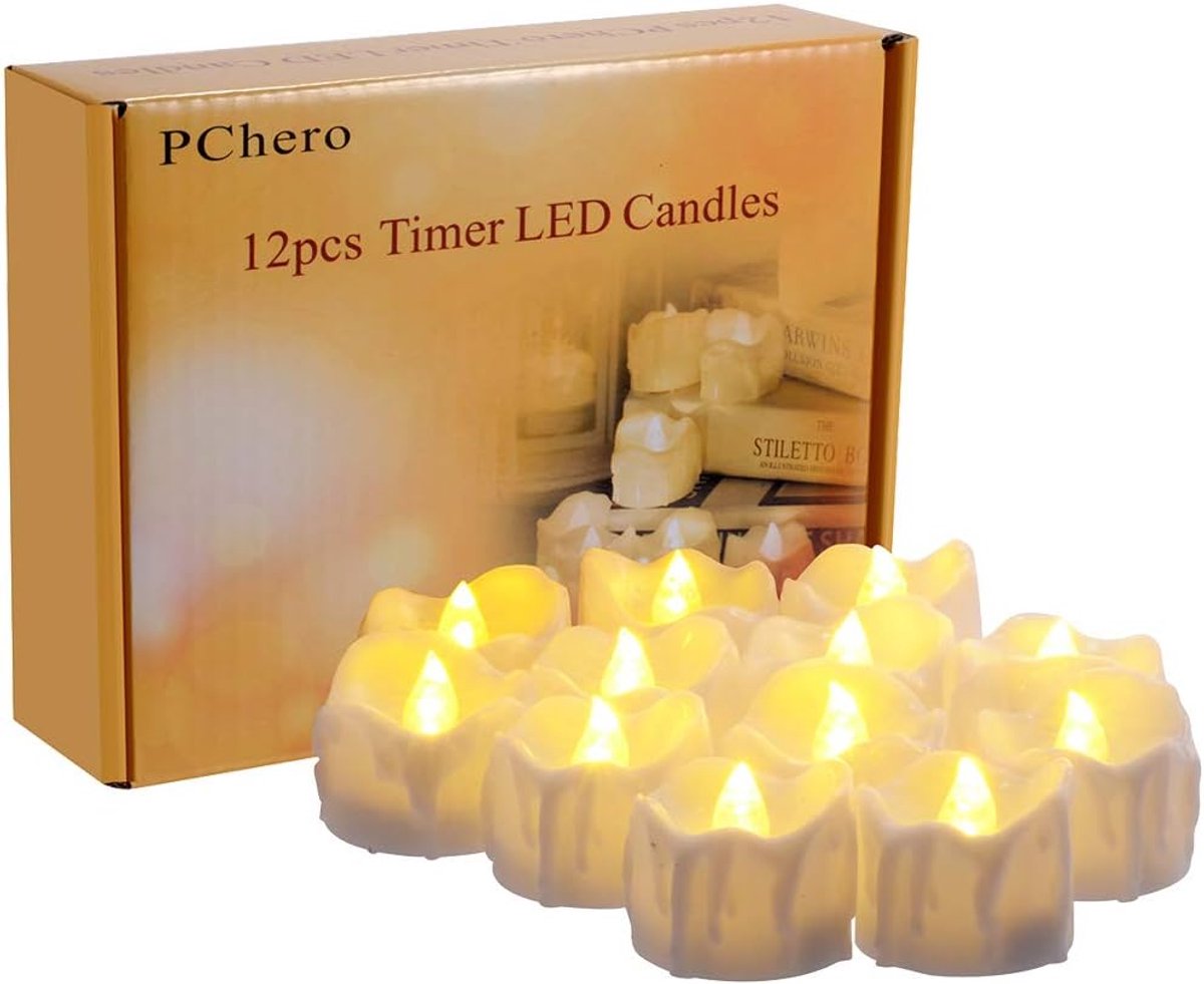 SnelShoppen - 12st Vlamloze LED Theelichten Warm Wit met Flikkerende Effect, Batterij-Aangedreven Kaarsen met Timer voor Feest, Bruiloft en Thuisdecor