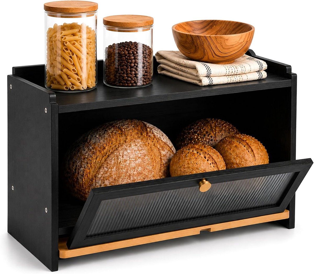Thijox - Houten Broodtrommel met Snijplank en Ventilatie - Stijlvolle Broodopslag, 40 x 26 x 23 cm, Zwart voor Keuken en Eten