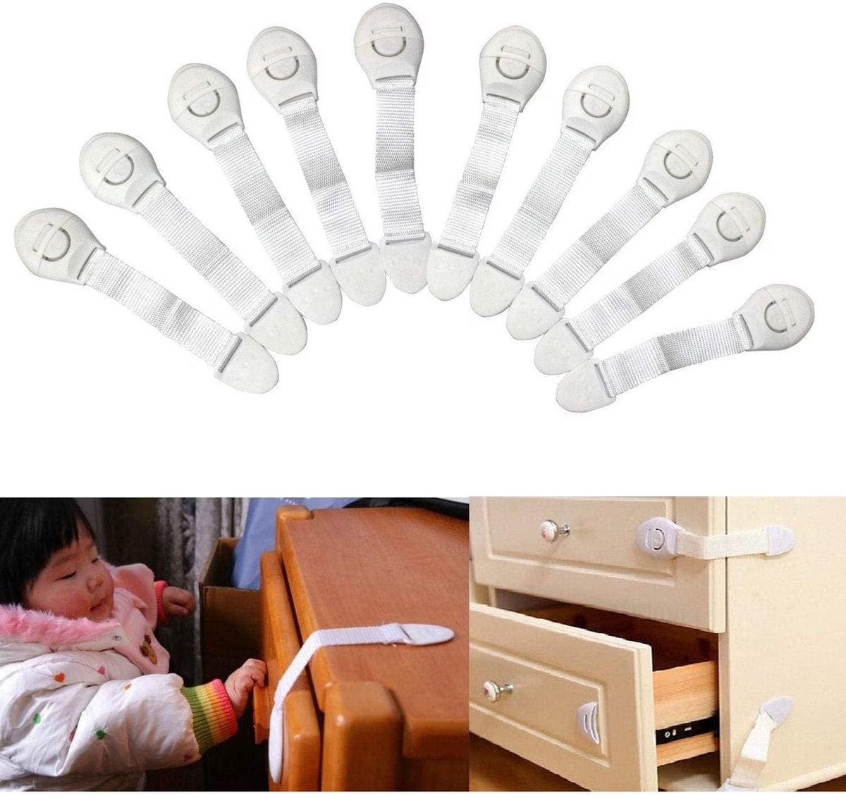 Kinderslot Kastjes - 10 Stuks - Kastbeveiliging Baby & Kind - Multifunctionele Baby Beveiliging - Plakbaar Deurslot - Wit - Inclusief 3M Tape