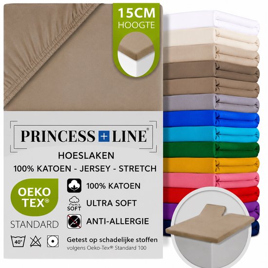 Taupe hoeslaken met informatie over Princess Line, 100% katoen, jersey, stretch, OEKO-TEX gecertificeerd en 15cm hoekhoogte.
