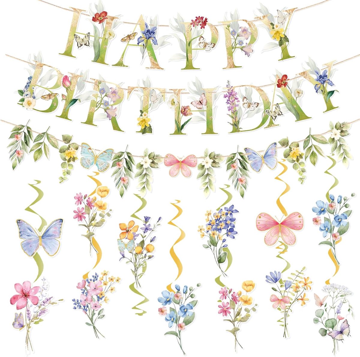 SnelShoppen - 12 Stuks Bloemenkrans Wild Flowers Versiering Spiral Hangdecoratie Happy Birthday Banner Vlinders voor Baby Kamer Kinderfeestje Bruiloft