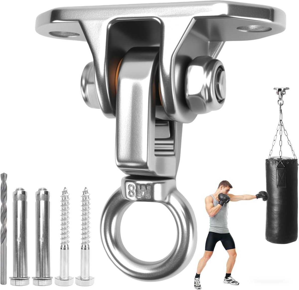 SnelShoppen - Heavy Load Ceiling Hook M8 voor Houten Bovenplafonds - Rvs, Tot 500 kg, Inclusief Betonschroeven, Ideaal voor Hangstoelen en Zwaargewich