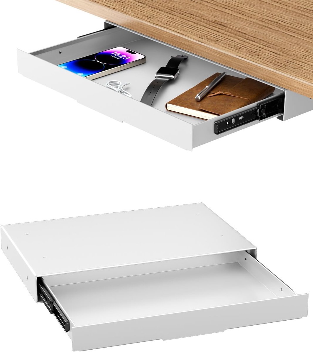 SnelShoppen - Under Desk Drawer 375mm - Opberglade voor Bureau, Stille Glijders, Wit, Max. Belastbaarheid 8 kg, Perfect voor Thuis- en Kantoorgebruik