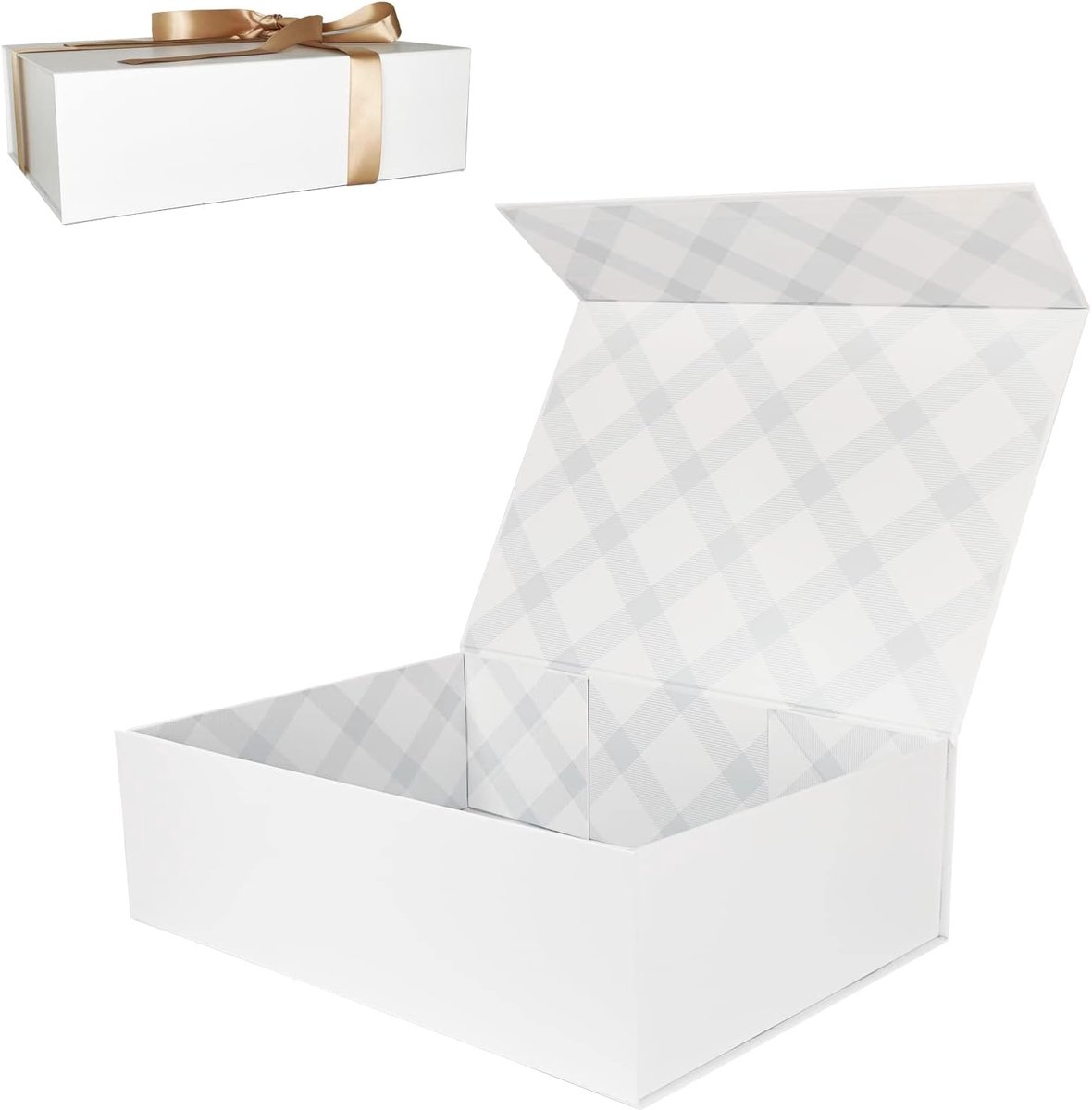 SnelShoppen - Luxe Witte Cadeau Doos 33x23.5x10cm met Magnetisch Deksel en Strik, Perfect voor Verjaardagen, Bruiloften en Feestdagen, Elegante Ruitvo