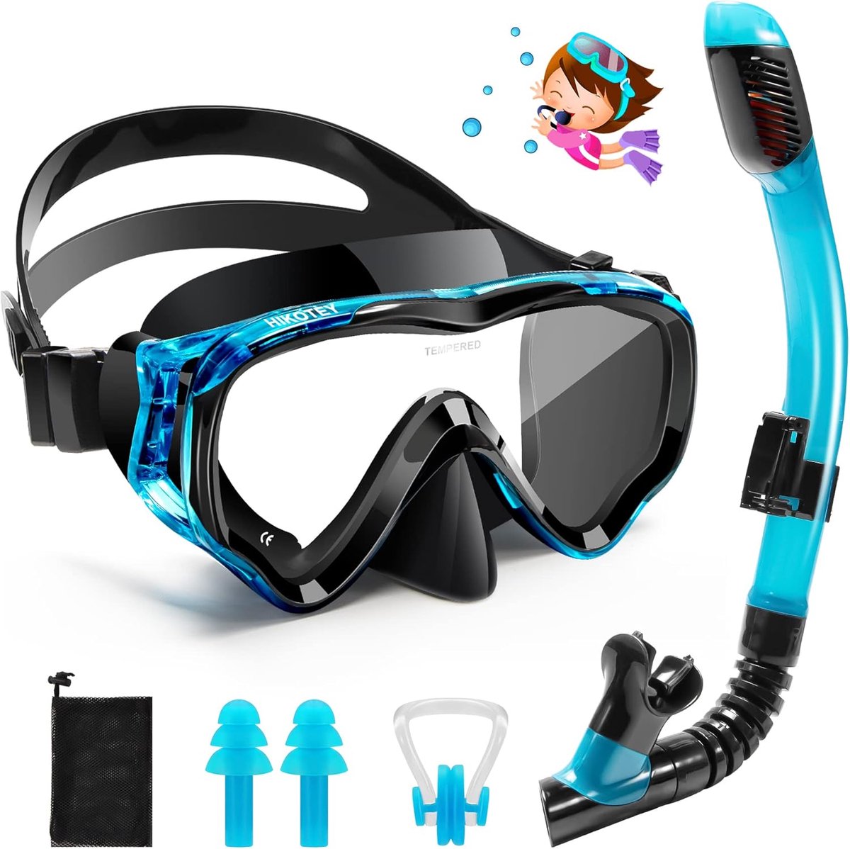 SnelShoppen - Kids Duikbril Snorkelset 4-16 Jaar voor Meisjes en Jongens - Zwembril met Neuscover - 180° Panorama HD Anti-Fog en Verstelbare Silicone