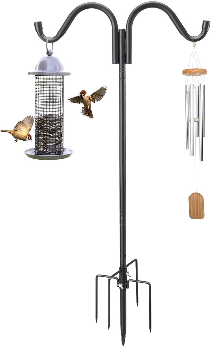 SnelShoppen - Double Shepherd Hook - Zware Vogelvoeder Post 156 cm - Stabiele Vogelvoeder, Metaal, Verstelbare 5-Poot Tuin Lantaarn Hanger voor Windgo