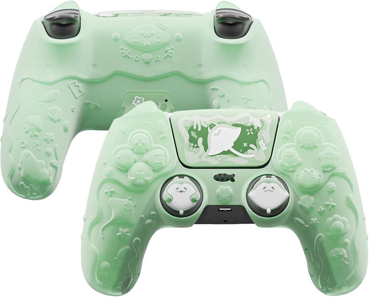 SnelShoppen - PlayVital PS5 Controller Case - Ocean Whisper Silicone Hoes met Thumb Grips & Sticker, Compatibel met Oplaadstation, Volledige Beschermi