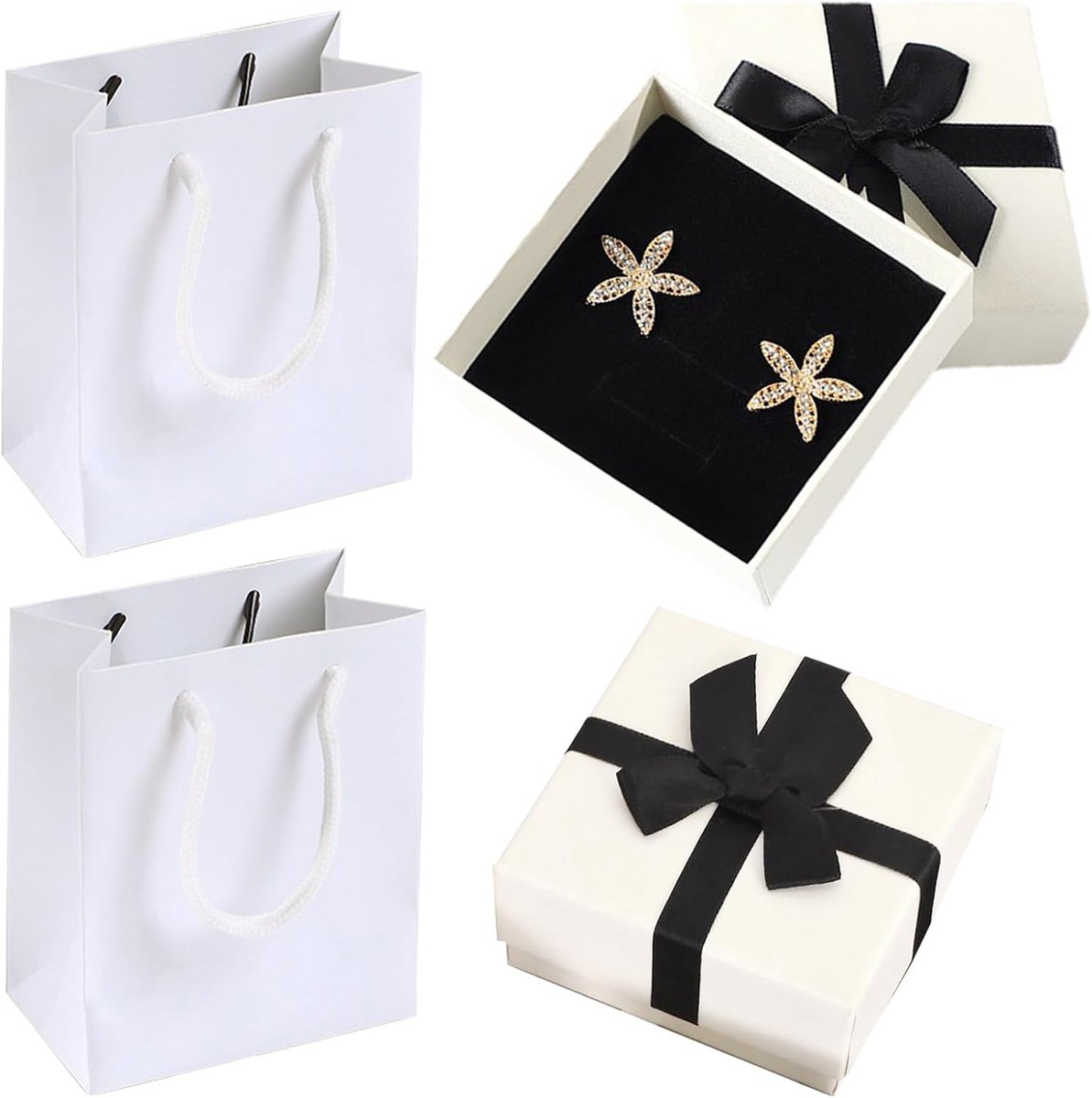 SnelShoppen - 2Pcs Kleine Cadeauboxen met Strik - 7.5 x 7.5 x 3.5cm - Luxe Geschenkdozen met Deksel - Inclusief 2 Cadeautassen voor Pasen, Kerst, Brui