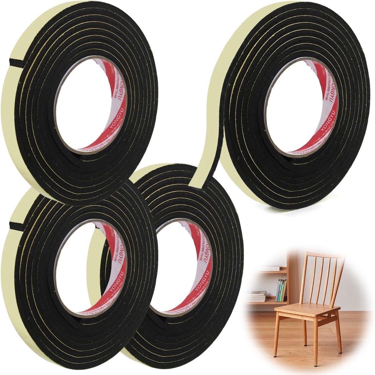 SnelShoppen - 4 Rollen Zelfklevende Schuimtape Tochtstrip 10mm x 5mm x 2m Zwart - Deur- en Raamafdichting voor Isolatie, Geluidsreductie en Schokabsor