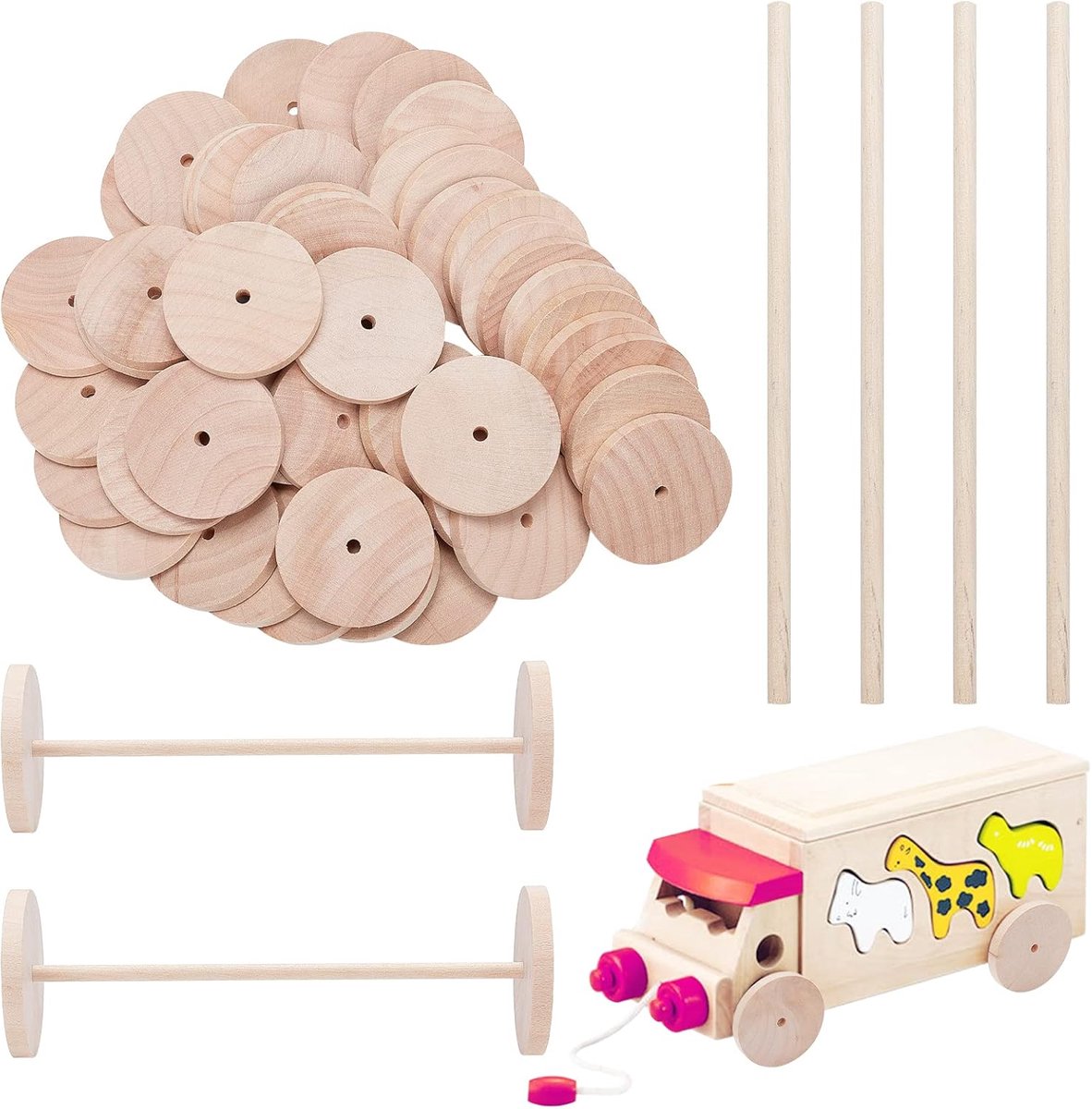 SnelShoppen - 52 Stuks Houten Wielen met 26 Sticks - 5cm Diameter Onbehandelde Wielen voor DIY Auto's, Creatieve Knutselprojecten, Kinderen, Feestjes