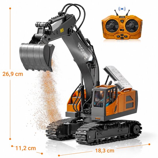 Grijze en oranje RC graafmachine van 26,9 cm hoog, met afstandsbediening en afmetingen.
