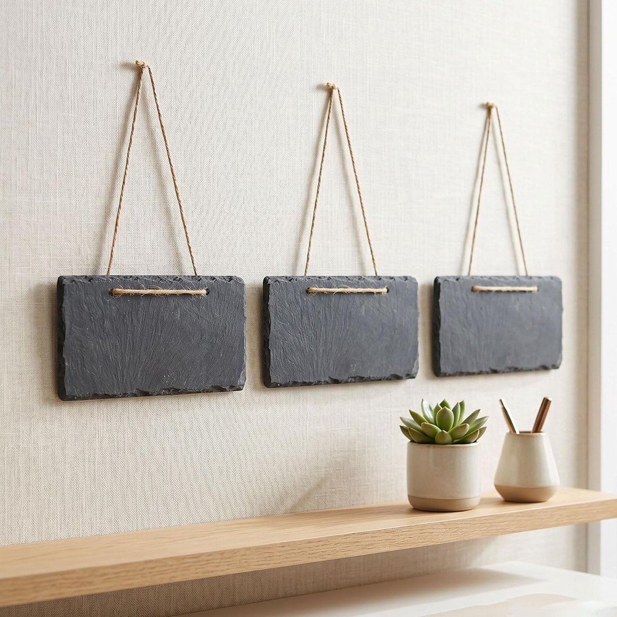 SnelShoppen - Set van 3 Leisteen Borden 17x9cm - Krijtbord Slate Plaat Memo Bord Deurbord Decoratie - Natuurlijke Structuur - Perfect Cadeau voor Fees