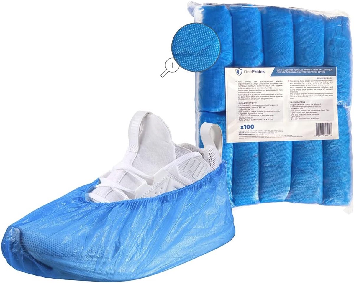 SnelShoppen - 100 waterdichte wegwerpschoenhoezen, blauw, niet-slip, scheurbestendig, CPE, één maat voor perfecte hygiëne