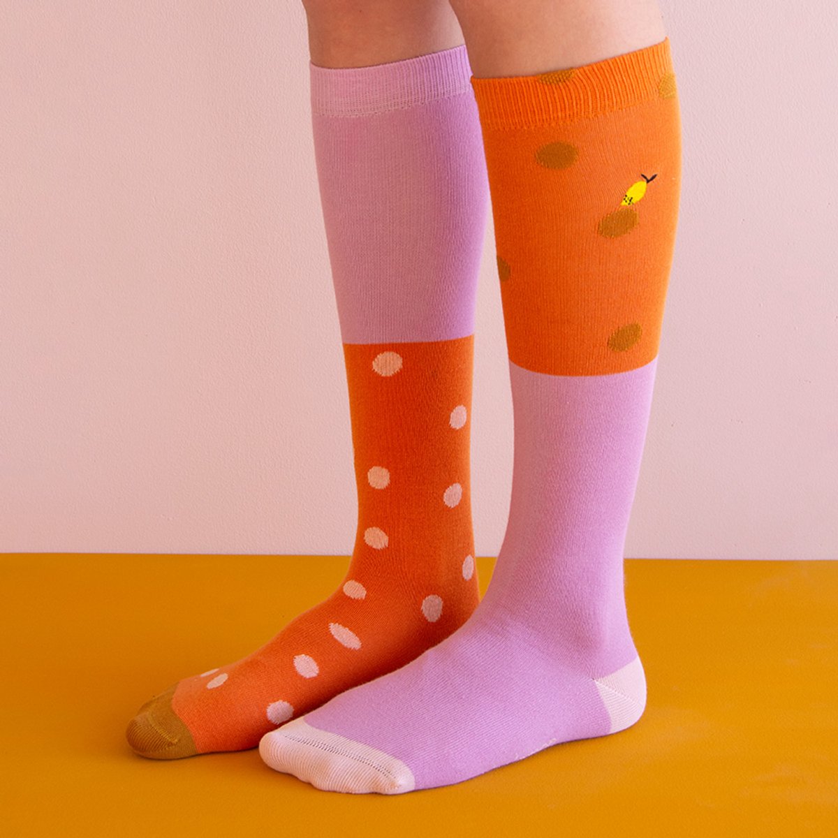 Sticky Lemon Coloured Freckles Knee High Socks Carrot Orange + Pirate Purple