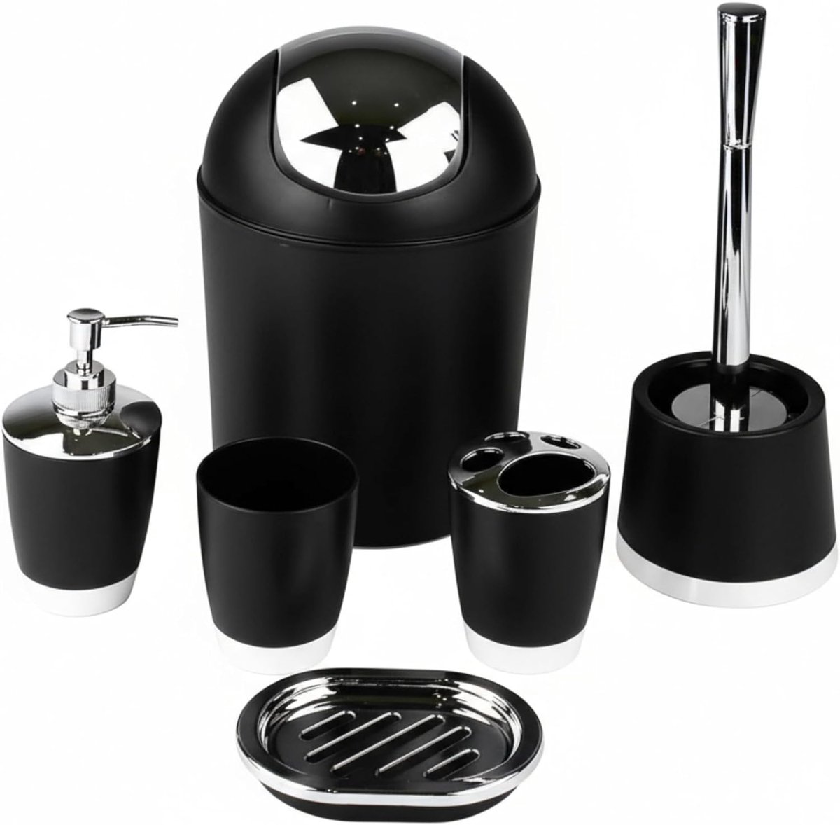SnelShoppen - 6-delige badkameraccessoires set, zwarte zeepdispenser, tandenborstelhouder, zeepbakje, toiletborstel, prullenbak, stijlvol en praktisch