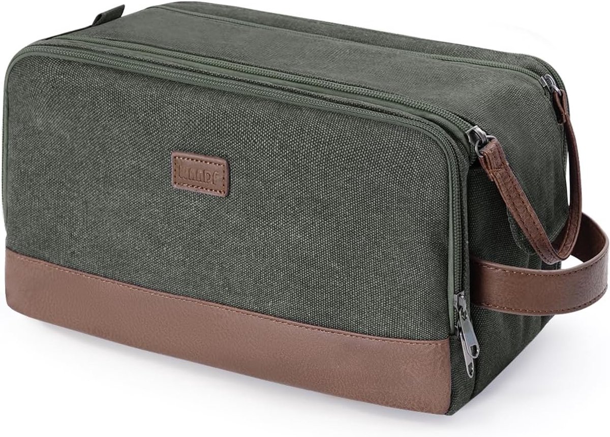 SnelShoppen - Toilettas voor Mannen - Reistas voor Toiletten - Waterdichte Canvas & Leder Toiletry Bag - Dubbele Rits - Groen - Perfect voor Reizen, C