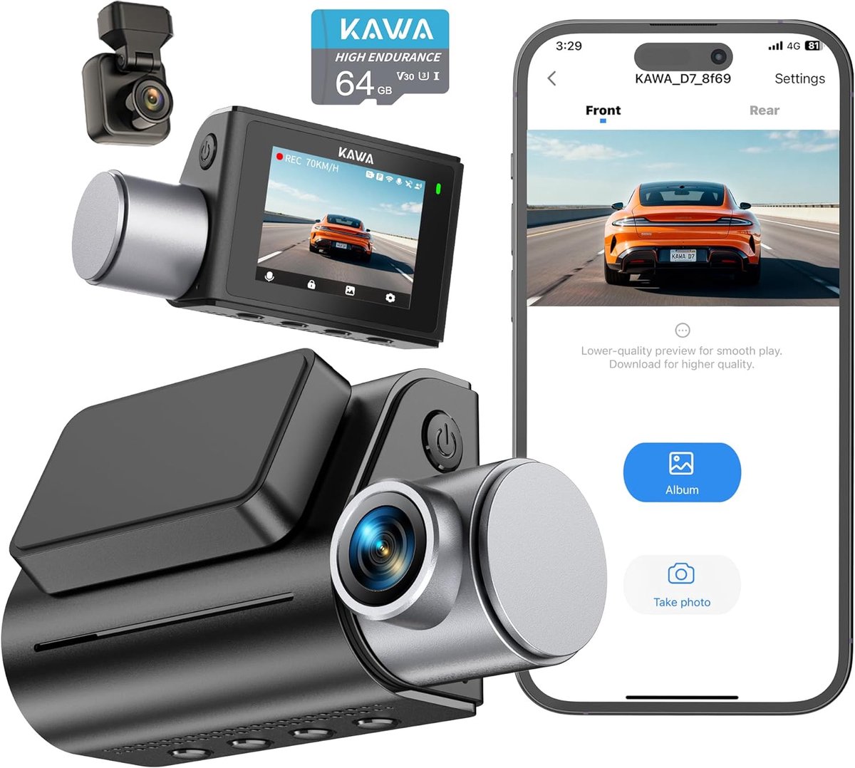 SnelShoppen - 4K Dashcam voor Auto met Dubbele Camera, 64GB Kaart, Wi-Fi 6, GPS, Nachtzicht, 5cm IPS Scherm, 24 Uur Parkeermodus, Spraakbediening