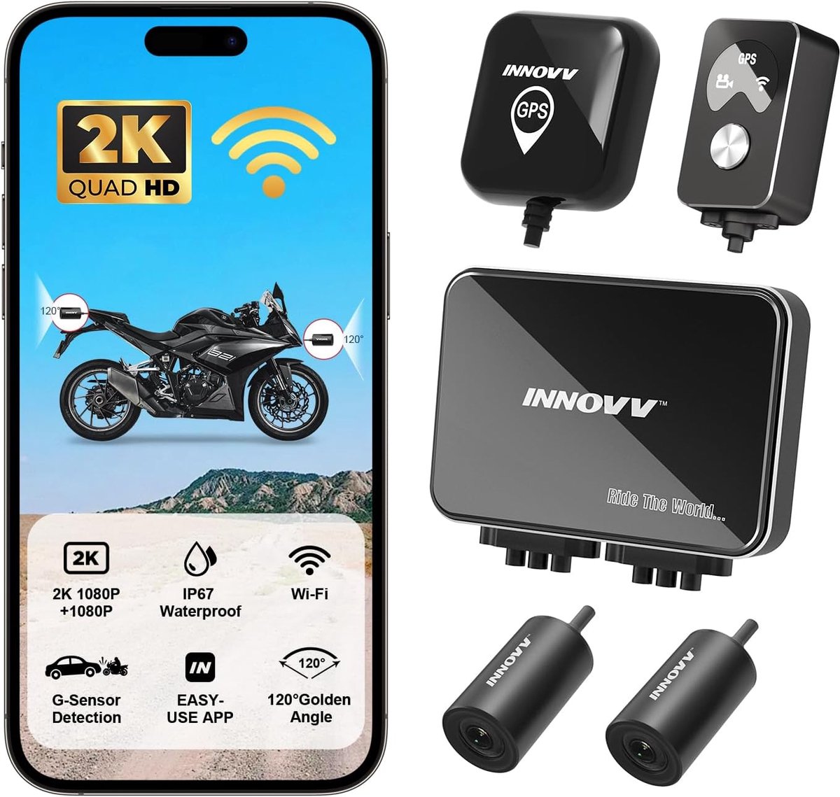 SnelShoppen - Motor Dashcam 2K+2K Ultra HD Voor Voor- en Achteropname, EIS Anti-Shake, 10Hz GPS, 5.8G WiFi, IP67 Waterdicht, 24U Parkeerbewaking, G-Se