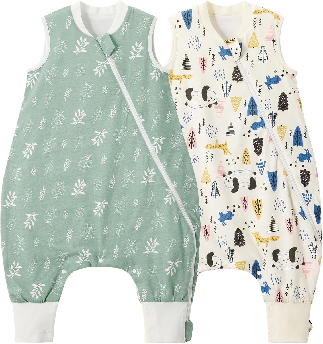 SnelShoppen - Baby Slaapzak met Voeten 2-Pack 1.0 TOG, 100% Katoen, Voorjaar Slaapzak voor Kinderen, 95CM, Panda en Blad Print
