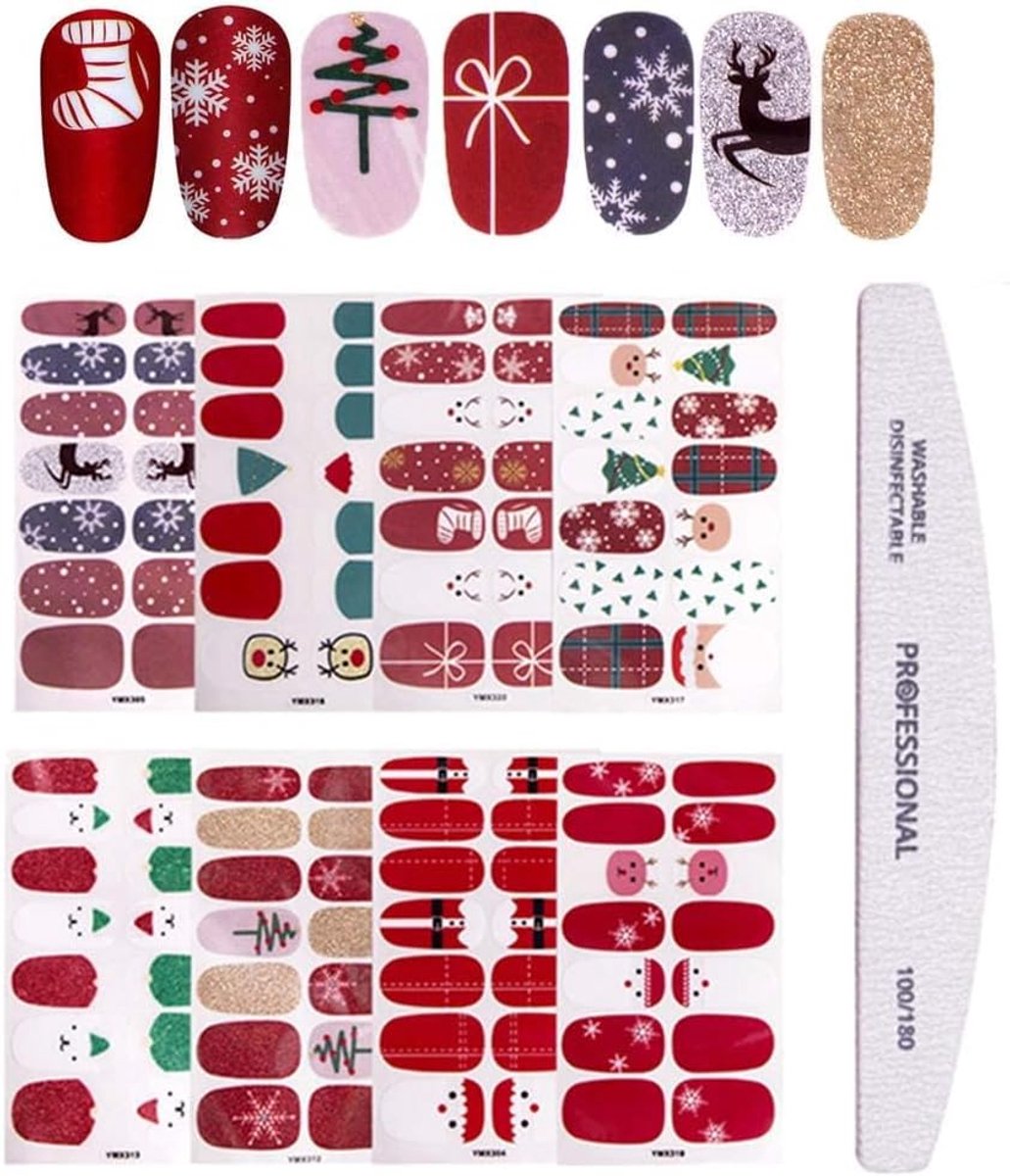 SnelShoppen - 8 Bladen Kerst Nail Stickers Volledige Wraps Zelfklevend met Nagelvijl, Kerst DIY Nail Art Stencils met Kerstboom, Sneeuwvlok, Hert, Man