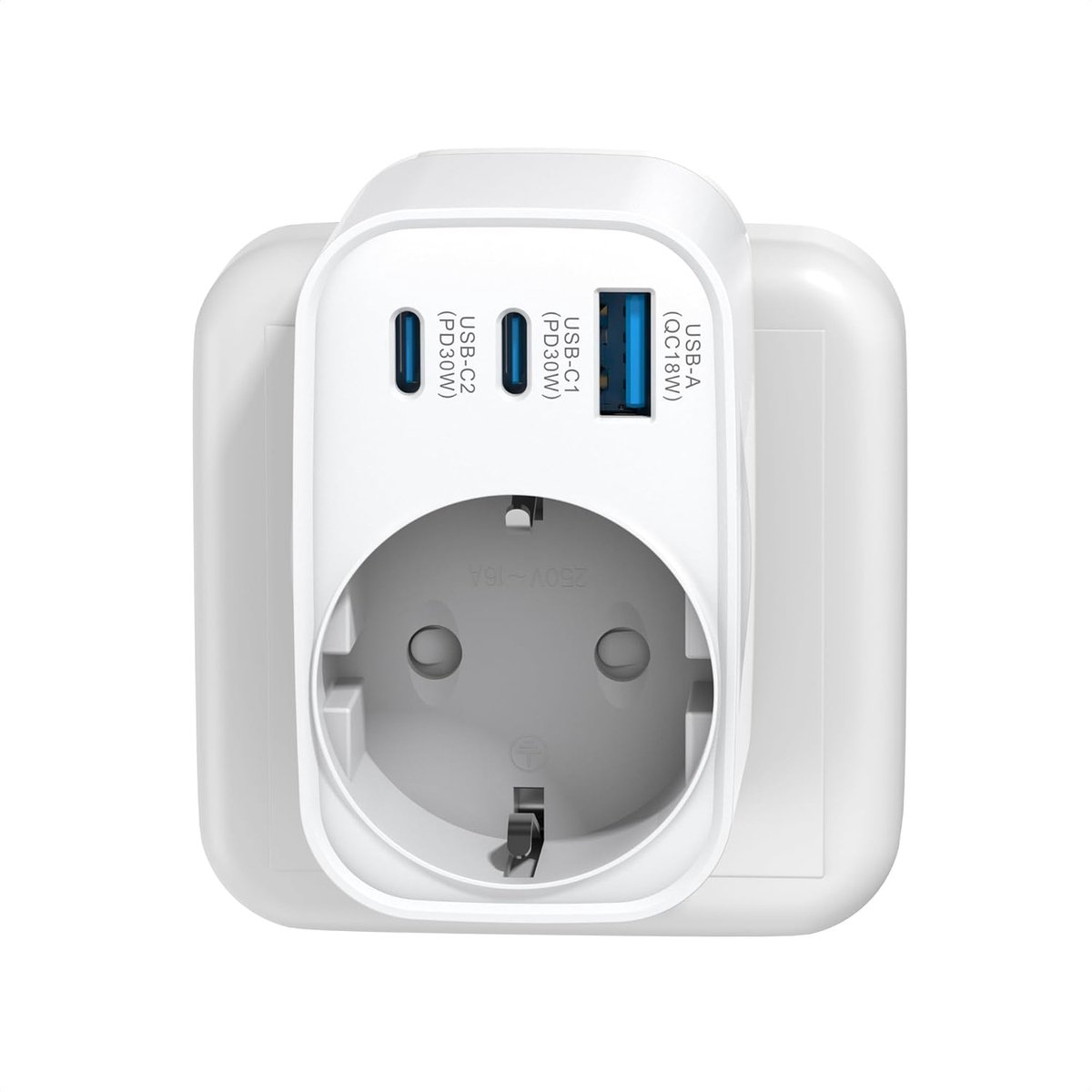 SnelShoppen - 4-in-1 USB C Oplader met 2x USB-C, 1x USB-A, 30W Snellader, Compact Stekkerdoos met Kinderslot, Schuko Aansluiting voor Telefoon, Laptop