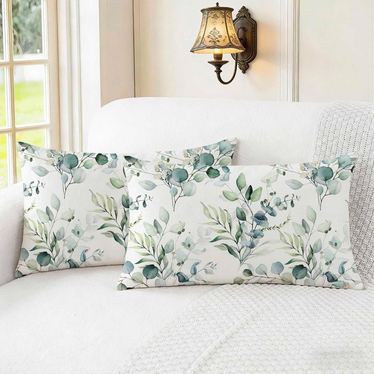 SnelShoppen - Set van 2 Decoratieve Kussenhoezen 30 x 50 cm - Groen Eucalyptus Bladeren - Buiten, Tuin, Sofa, Moderne Interieur - Wasbare Polyester