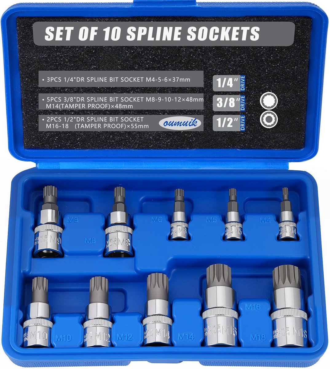 SnelShoppen - 10-delige Spline Socket Set M4 - M18 Torx Bit Set - Triple Square Socket Set met Opbergdoos - Chrome Vanadium Staal