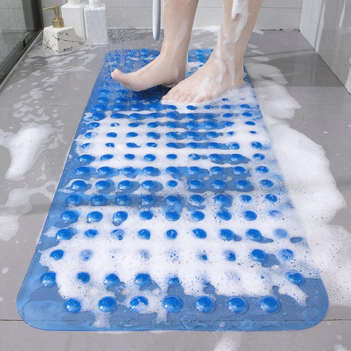 SnelShoppen - Extra Lange Antislip Douchemattens van Natuurlijke Rubber PVC met Zuignappen - 100 x 40 cm - Donkerblauw - Wasbaar en Duurzaam voor Veil