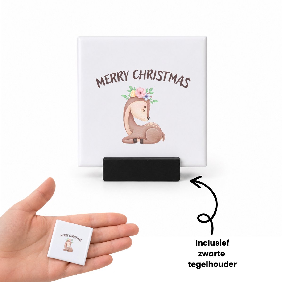 Hacebo Kerst rendier tegeltje met tegelhouder - Kerstmis - Kerst beker - tegeltjes met tekst - winter - kerst - christmas - kerst cadeau - spreuktegels - 4.8x4.8 CM Wit