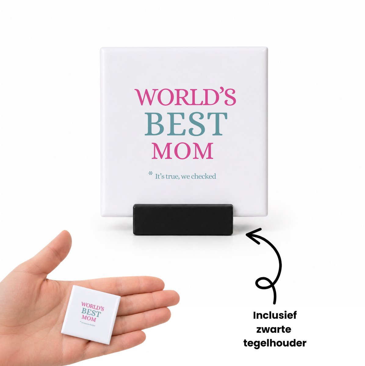 Hacebo world's best mom tegeltje met tegelhouder - Mama - moeder - tegeltjes met tekst - moederdag cadeautjes - verjaardagscadeau - kado - spreuktegels - 4.8x4.8 CM Wit