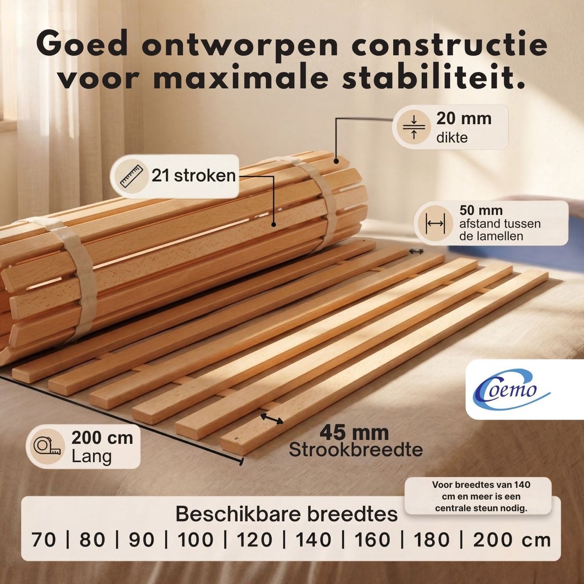 Coemo oprolbare lattenbodem 140 x 200 cm - van beukenhout – extra stevig – 21 latten, hoog draagvermogen – belastbaar tot 350 kg – geen montage nodig