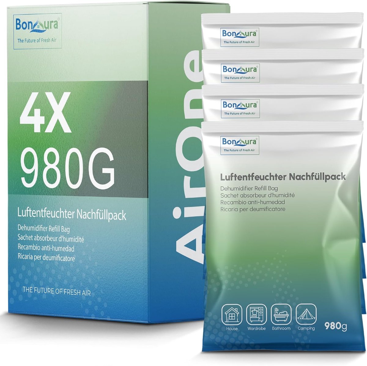 SnelShoppen - Voordelige set van 4 dehumidifier granules - 4 x 980 g vochtabsorberende korrels voor schimmel- en geurbescherming in huis