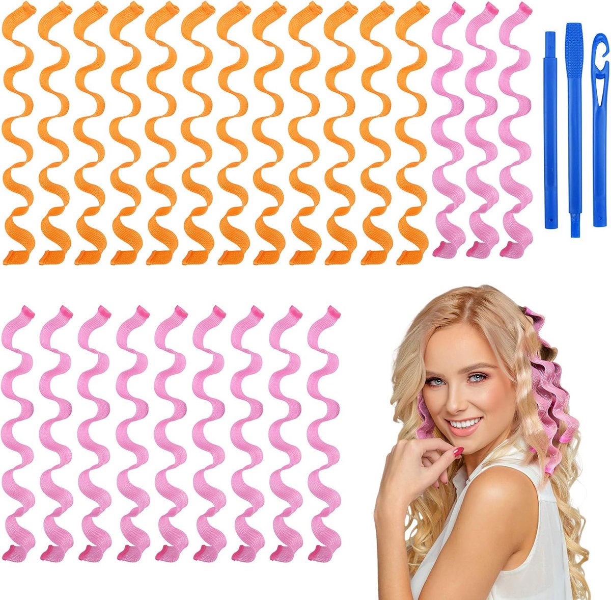 SnelShoppen - URAQT Haarrollers voor Lang Haar, 24 Stuks 50cm Krulset, Geen Hitte Spiral Curlers, Wavy Haar Krullers Styling Kit met Styling Hooks voo