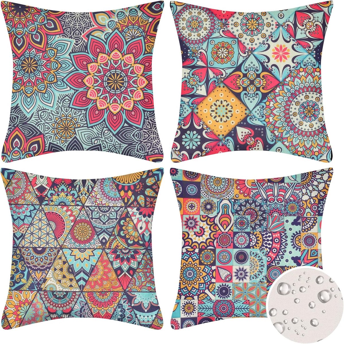 SnelShoppen - Set van 4 Waterdichte Buitenkussenslopen 45x45cm Etnisch Kussenhoes Mandala Bloemen Kussenhoes Kleurrijke Kunst Modern Hippie Tuin Patio