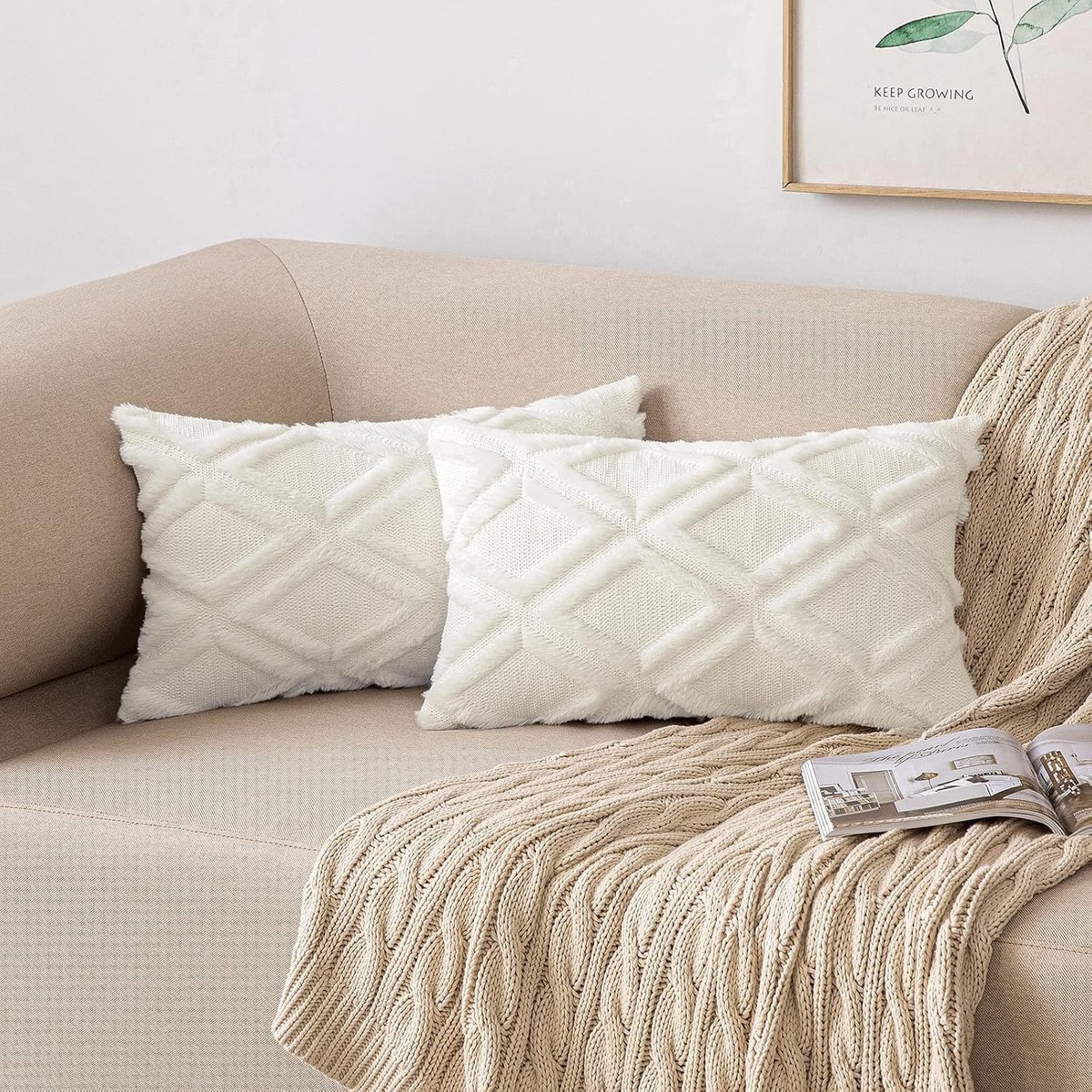 SnelShoppen - Set van 2 Decoratieve Kussenhoezen 30 x 50 cm - Zacht Polyester, Boho Wolpatroon, Melk Wit - Perfect voor Bank en Slaapkamer