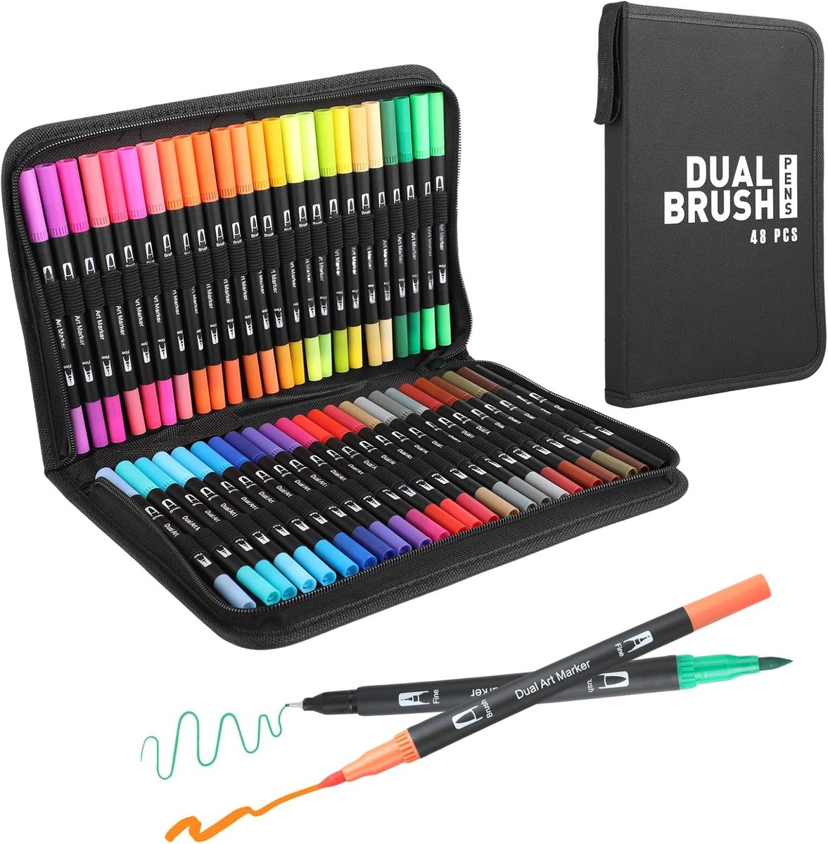 SnelShoppen - 48 Kleurige Dubbelpunt Viltstiften Set - Fineliners voor Schilderen, Handlettering, Creatief Knutselen - Inclusief Draagtas - Perfect vo