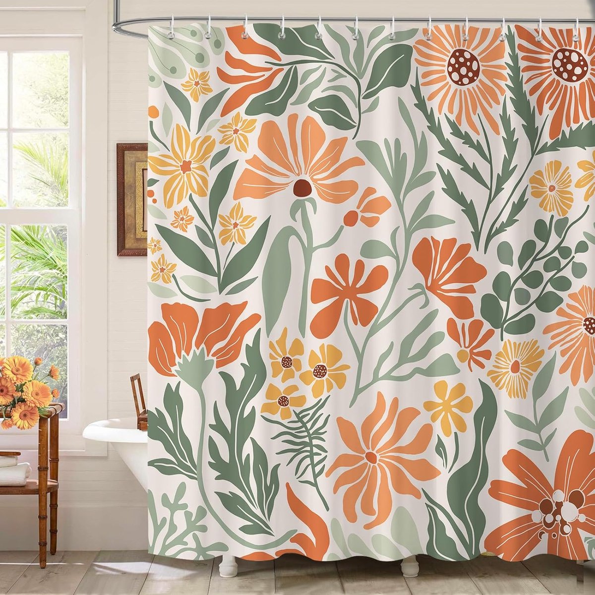 SnelShoppen - Boho Floral Douchegordijn 180x180 cm, Oranje Groene Bloemen, Retro Bohemian Planten, Waterdicht en Schimmelbestendig, Inclusief 12 Haakj