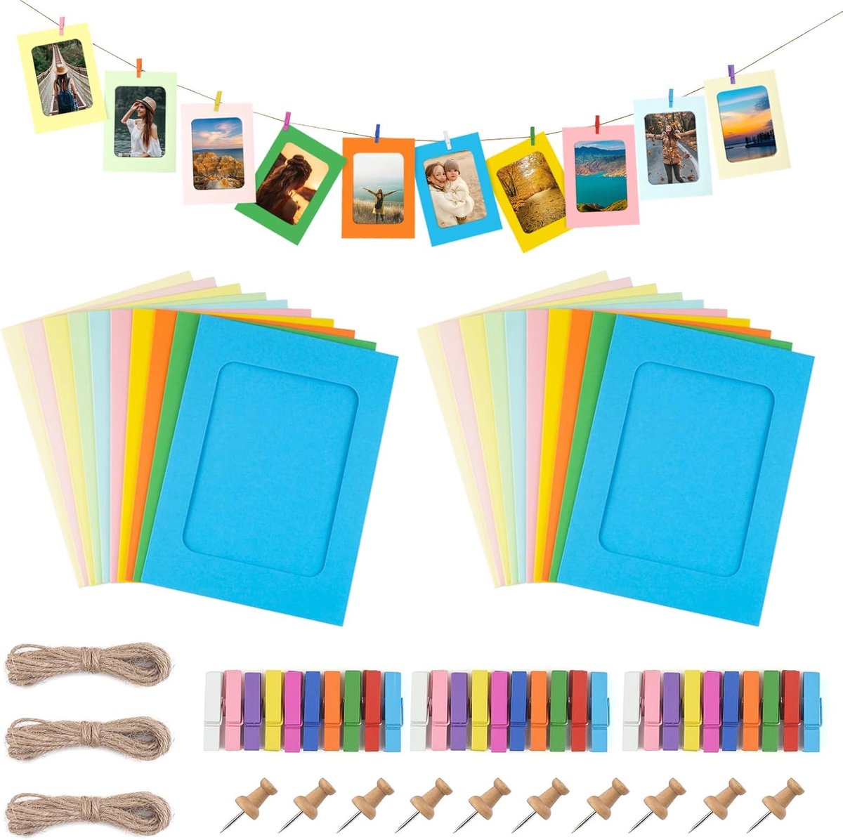 SnelShoppen - 30 Stuks Kartonnen Fotolijsten 10 x 15 cm Kraftpapier Foto Garland DIY Wanddecoratie met 30 Clips en 3 Jute Touwen Set (Kleur)