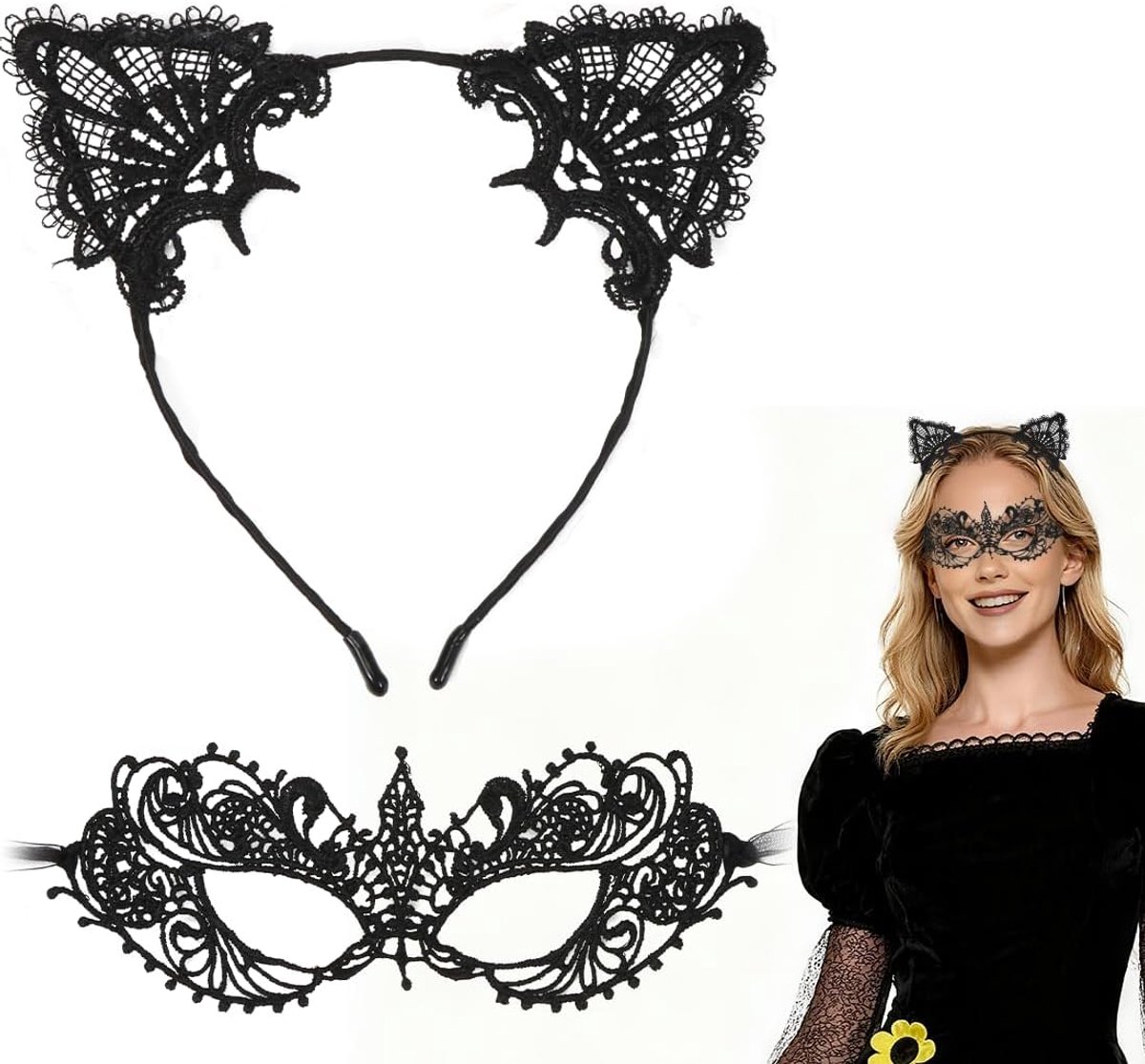 SnelShoppen - Cat Mask, Sexy Lace Masquerade Masks voor Feest, Carnaval, Halloween, Luxe Zwart, Elegante Verkleedaccessoire voor Vrouwen