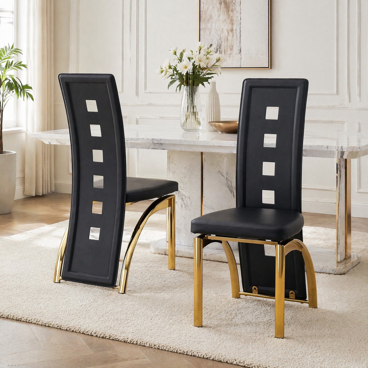 COVREO Eetkamerstoel 102,5 cm - set van 2, zwart kunstleer met goudkleurige metalen poten