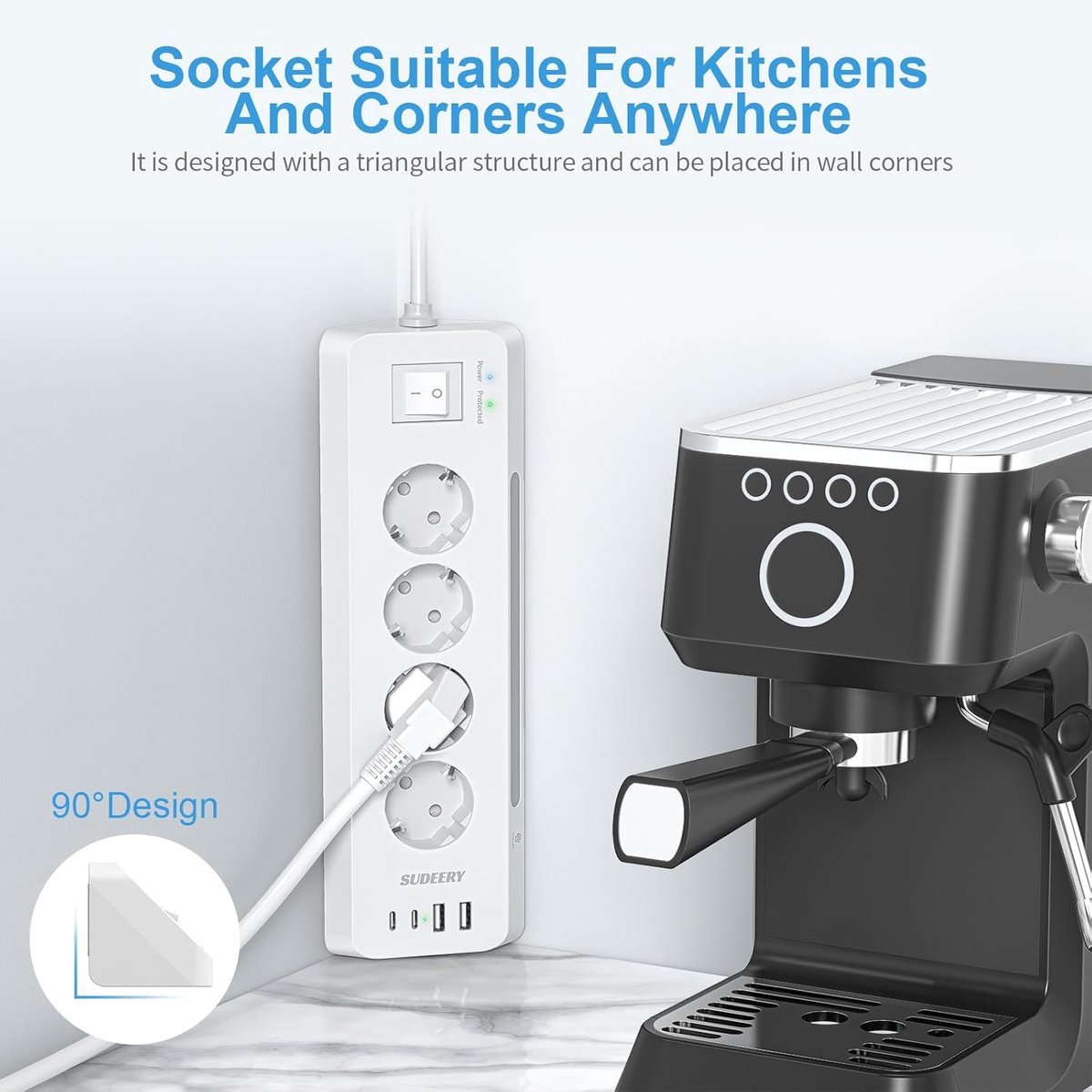 SnelShoppen - Hoekstopcontact met USB (2 Type-C), 4 Socket Tafelstopcontact met Schakelaar, LED Indicatoren voor Keuken, Wit, 8 in 1 Multistekker