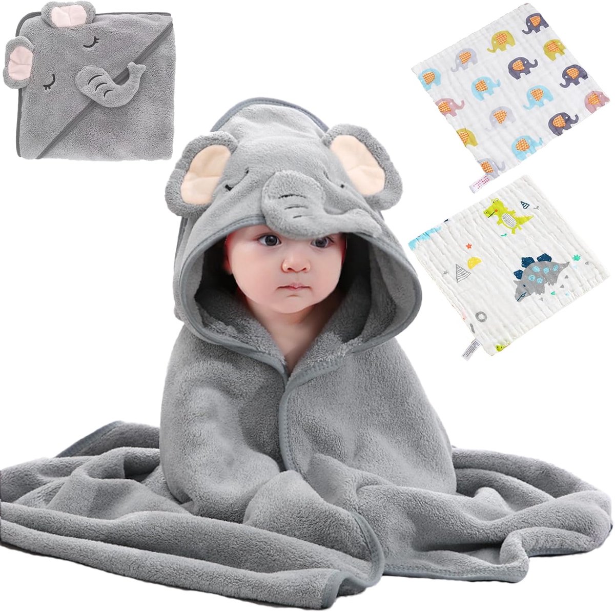 SnelShoppen - 3 Delige Baby Hooded Towel Set - Super Absorberende, Zachte Bad Poncho voor Baby - Unisex Baby Badhanddoek met Kap en 2 Gezichtsdoekjes