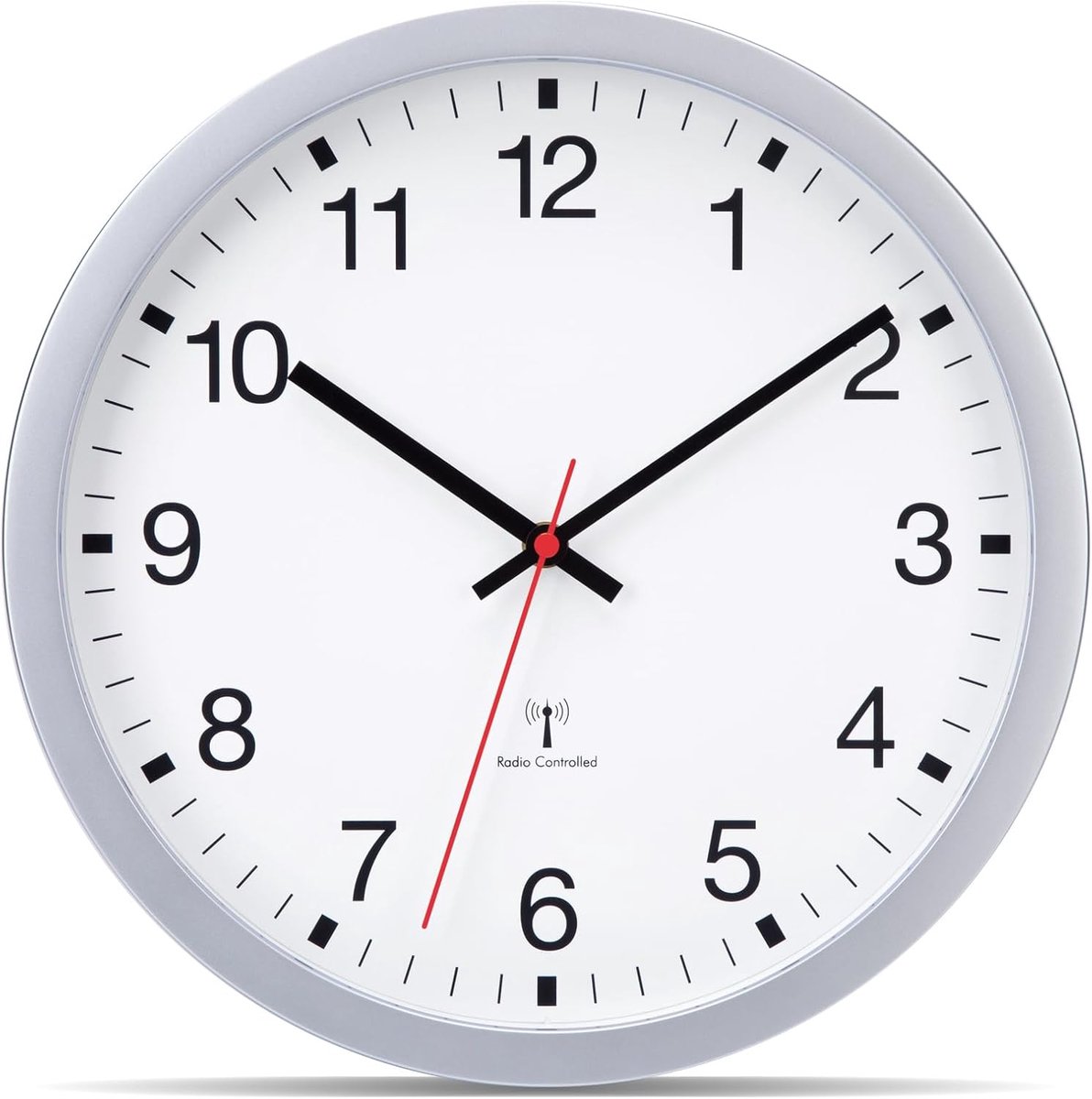 SnelShoppen - Wandklok 30 cm - Radiogestuurd, Stil zonder Tikken - Modern Design in Zilver - Voor Slaapkamer, Keuken en Woonkamer - Automatische Tijds